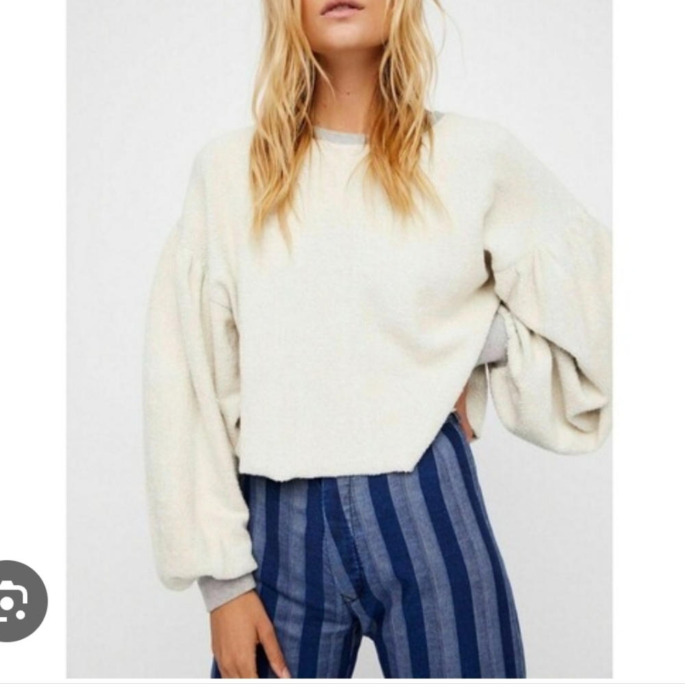 Free People Cream Balloon-Sleeve Pullover Sweatshirt